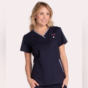Koi Womens Scrub Top Shirt Womens S Blue Embroidered V-neck Nurse Dental Medical
